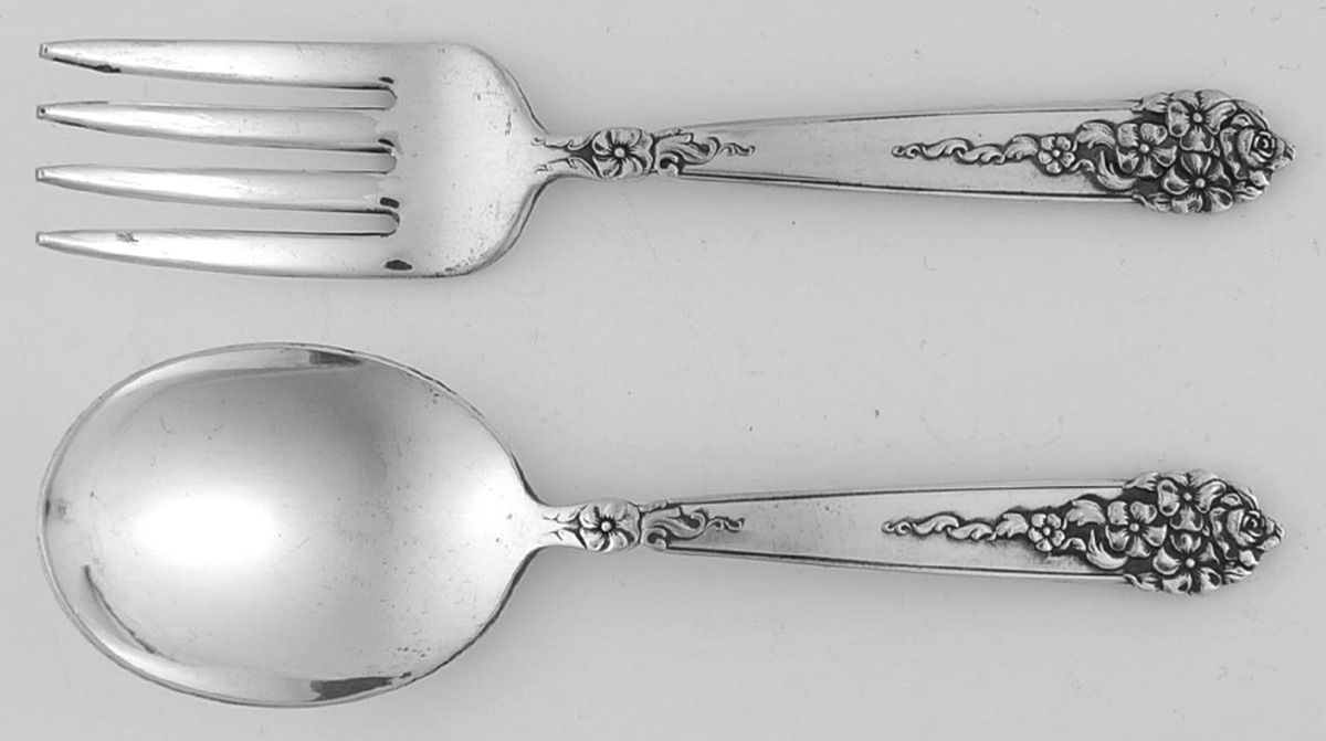 Moss Rose (Silverplate, 1949) 2 Pc Baby Set (BF, BS) by National Silver Co-1