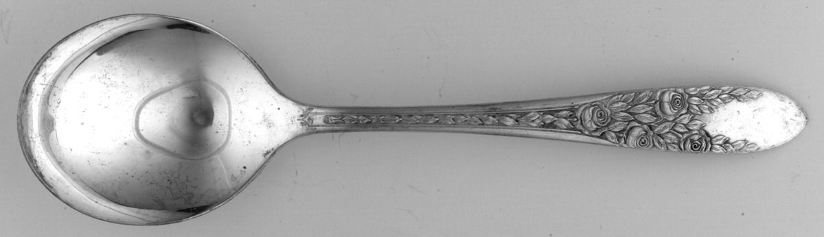 Rose and Leaf (Silverplate, 1937) Round Bowl Soup Spoon (Gumbo) by National Silver Co-1
