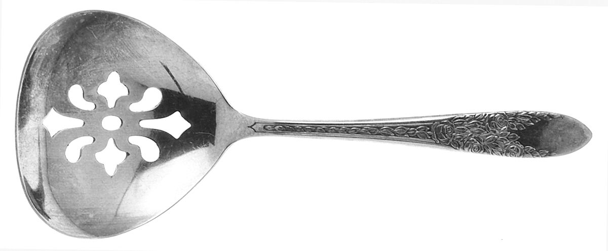 Rose and Leaf (Silverplate, 1937) Solid Bon Bon Spoon with Pierced Bowl by National Silver Co-1