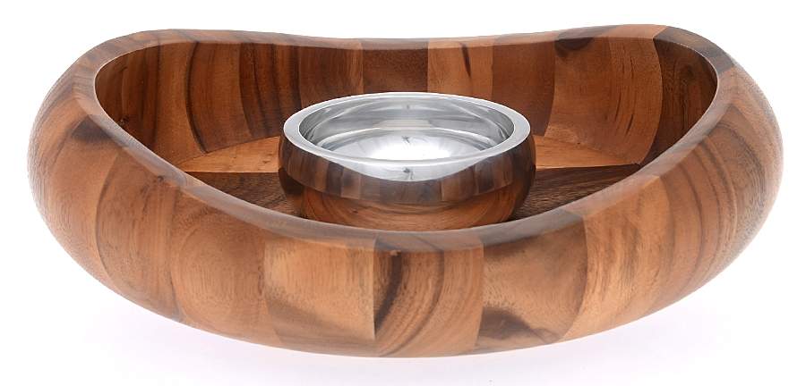 Butterfly (Hollowware, Metal) Metal Bowl on Wood Tray Chip and Dip Set by Nambe-1