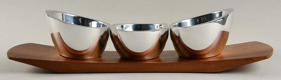 Trio (Hollowware, Metal) Condiment Set, 4 Piece, 3 Metal Bowls on Wood Tray by Nambe-1