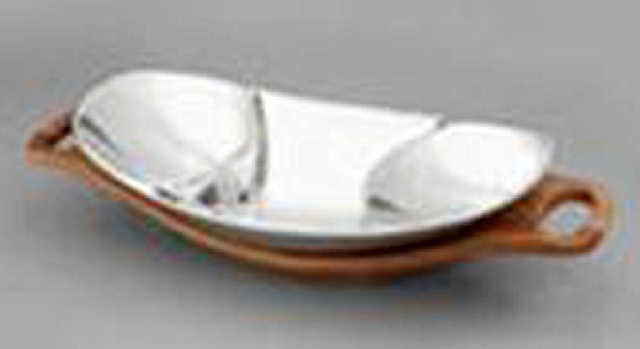 Cradle (Alloy, Wood, Hollowware) Oval Tri-Server Bowl with Wood Cradle by Nambe-1