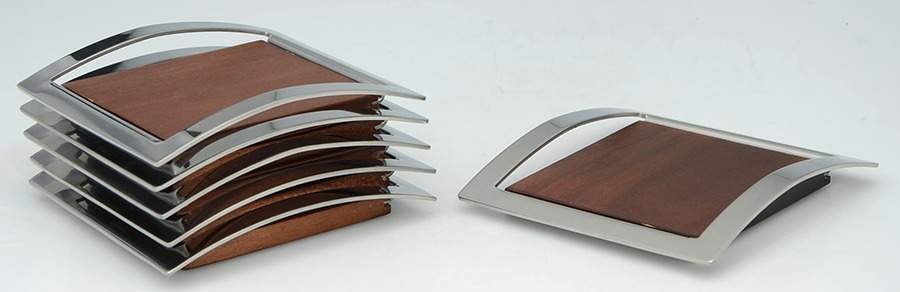 Mikko (Stainless, Wood, Hollowware) Wood on Matal Coaster - Set of 6 by Nambe-1