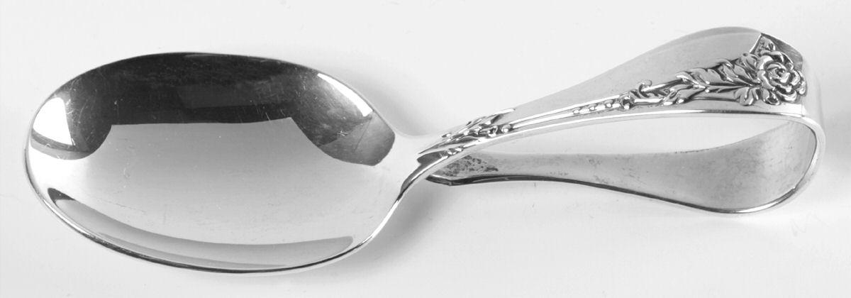 Damask Rose (Sterling, 1946, No Monograms) Curved Handle Baby Spoon by Oneida Silver-1
