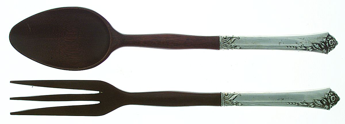 Damask Rose (Sterling, 1946, No Monograms) Wooden Bowl 2-Piece Salad Set by Oneida Silver-1