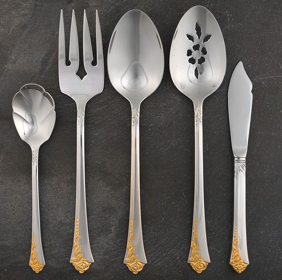 Golden Damask Rose (Stainless, Gold Accent Back-Fr) 5 Piece Hostess Set by Oneida Silver-1