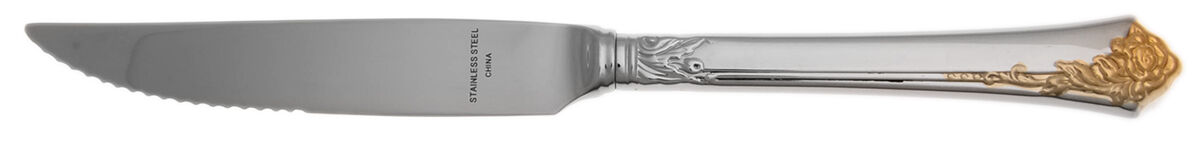 Golden Damask Rose (Stainless, Gold Accent Back-Fr) Steak Knife Individual Hollow, Serrate HC by Oneida Silver-1