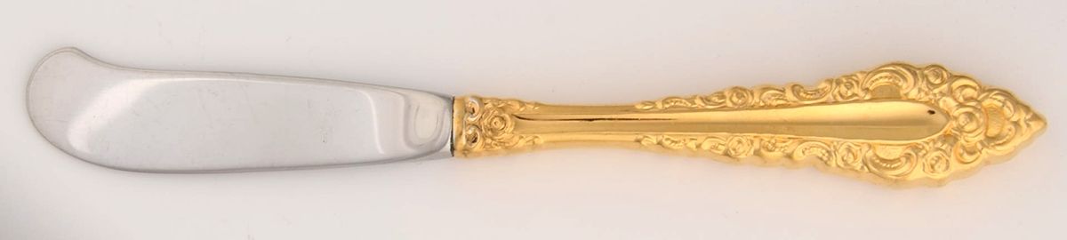 Golden Royal Grandeur (Gold Electroplate, 1975) Butter Spreader Hollow Hdl-Paddle/Stainless Blade by Oneida Silver-1