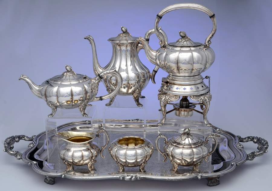 Melon-Plain (Silverplate, Hollowware) 7-Piece Plated Tea Set (w/ Waste, Kttle & Try) by Oneida Silver-1