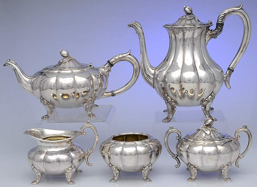 Melon-Plain (Silverplate, Hollowware) 5 Piece Tea Set (CP1,TP1, CR1, SU1, WB1) by Oneida Silver-1