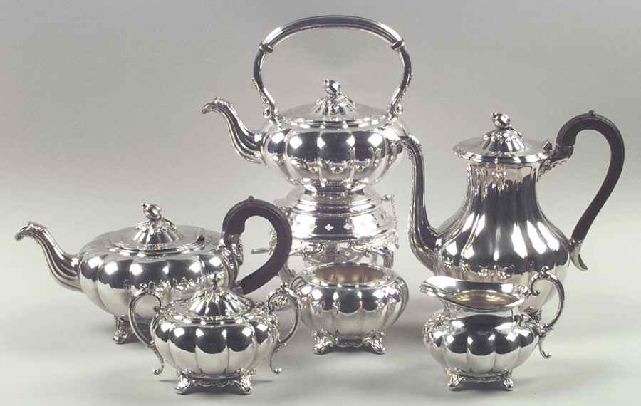 Melon-Plain (Silverplate, Hollowware) 6 Pc Tea Set W/Wood Handles (Waste & Kettle) by Oneida Silver-1