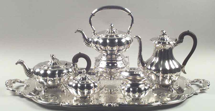 Melon-Plain (Silverplate, Hollowware) 7pc Tea Set W/Wood Handles,Waste,Kettle&Lg Waiter by Oneida Silver-1
