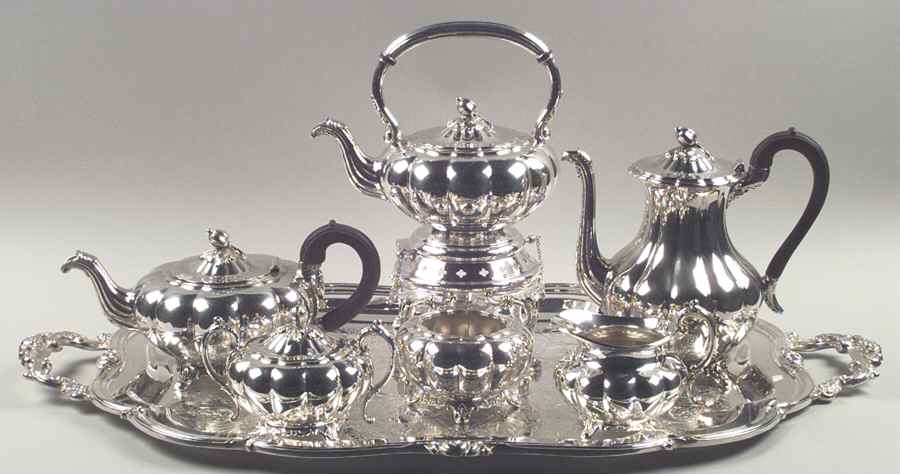 Melon-Plain (Silverplate, Hollowware) 7pc Tea Set W/Wood Hdl (Waste,Kettle & 22" Waiter) by Oneida Silver-1