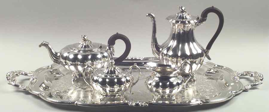 Melon-Plain (Silverplate, Hollowware) 6 Pc Tea Set W/Wood Handles (Waste & Lg Waiter) by Oneida Silver-1