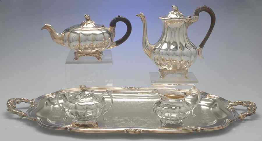 Melon-Plain (Silverplate, Hollowware) 5pc Tea Set with Wood Handles & Large Waiter Tray by Oneida Silver-1