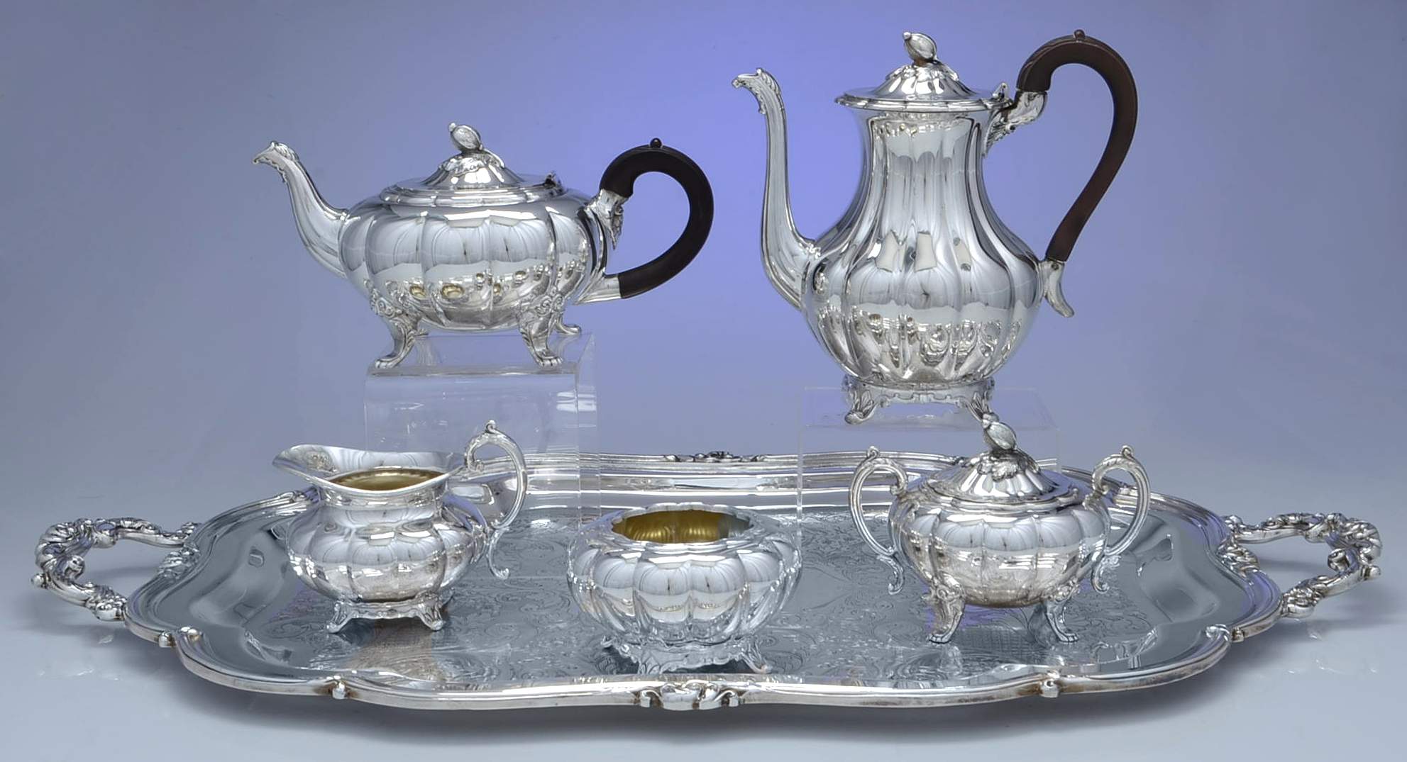 Melon-Plain (Silverplate, Hollowware) (6 Pc) Tea Set w/Wood Handle, Waste & 25" Waiter by Oneida Silver-1