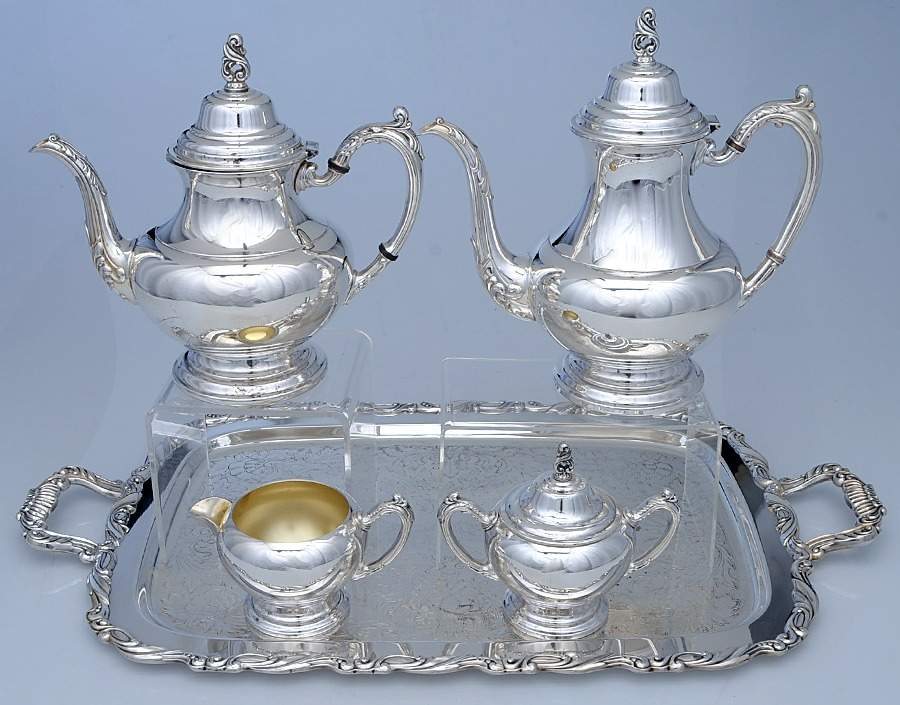 Sea Crest (Silverplate, Hollowware) 5-Piece Silverplate Tea Set (with Tray) by Oneida Silver-1
