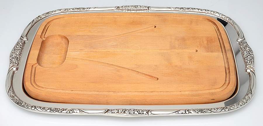 Ballad-Country Lane (Silverplate, Hollowware) Medium Plated Meat Platter with Wood Well Insert by Oneida Silver-1