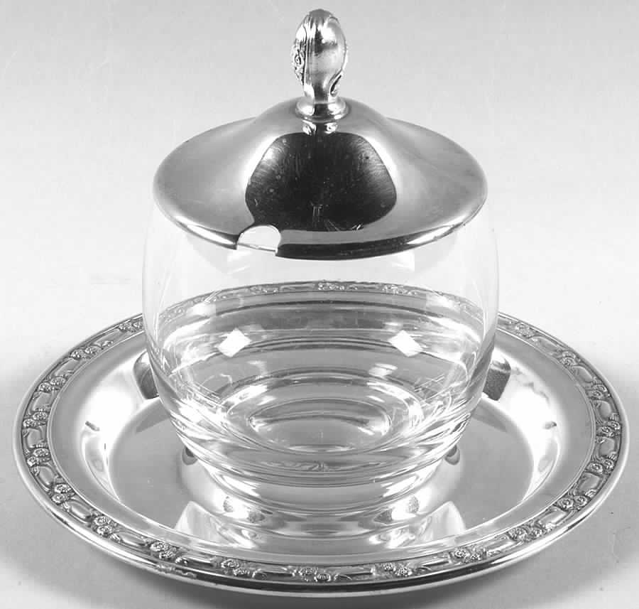 Park Lane (Silverplate, Hollowware) Crystal Jam Jar with Silver Lid & Underplate by Oneida Silver-1
