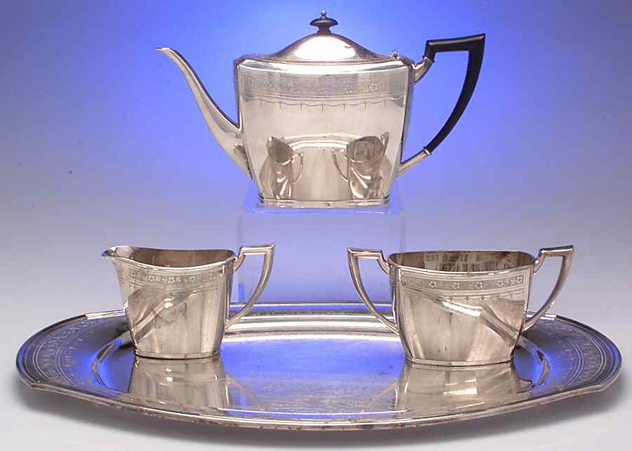 Paul Revere (Silverplate, Hollowware) 4 Piece Tea Set (with Tray) by Oneida Silver-1