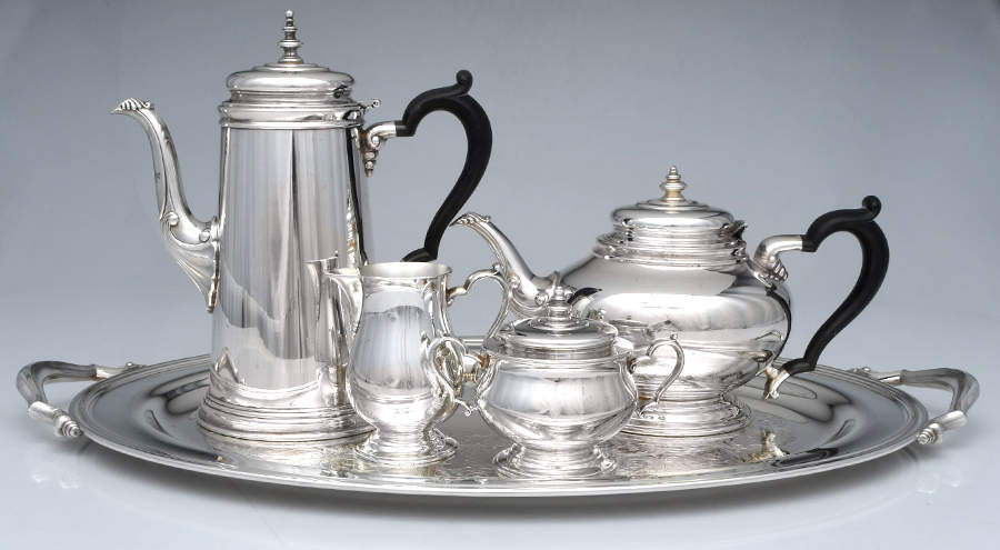 Bennington (Silverplate, 1959, Hollowware) 5-Piece Silverplate Tea Set (with Tray) by Oneida Silver-1