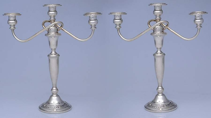 Damask Rose (Sterling, 1946, Hollowware) Pair of Weighted 3 Light Candelabra by Oneida Silver-1