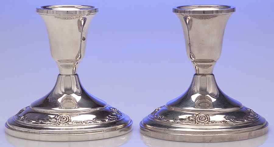 Damask Rose (Sterling, 1946, Hollowware) Pair of Weighted Console Candleholders by Oneida Silver-1