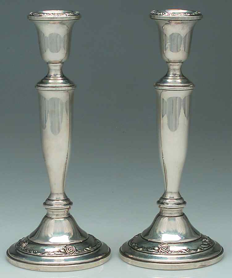 Damask Rose (Sterling, 1946, Hollowware) Pair of 9" Weighted Candlesticks by Oneida Silver-1