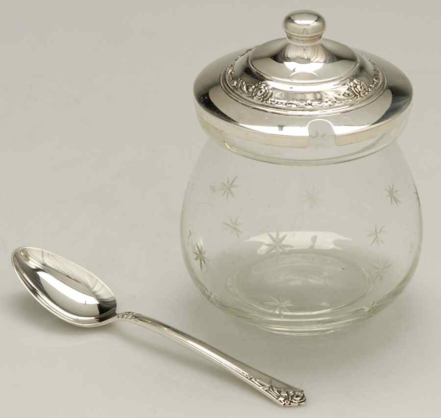 Damask Rose (Sterling, 1946, Hollowware) Crystal Jam Jar with Sterling Lid & Spoon by Oneida Silver-1