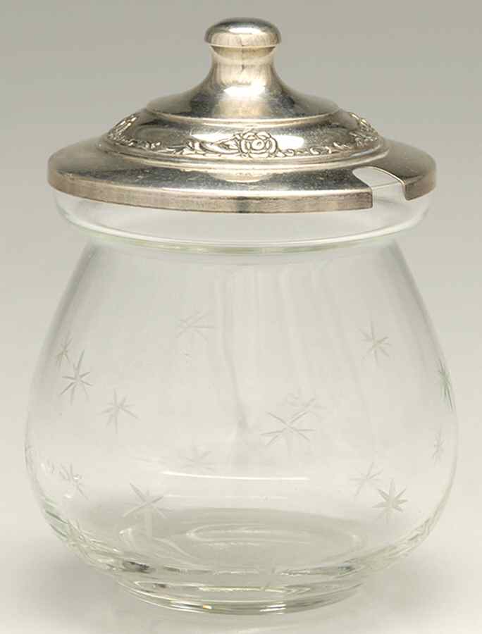 Damask Rose (Sterling, 1946, Hollowware) Crystal Jam Jar & Silver Lid by Oneida Silver-1