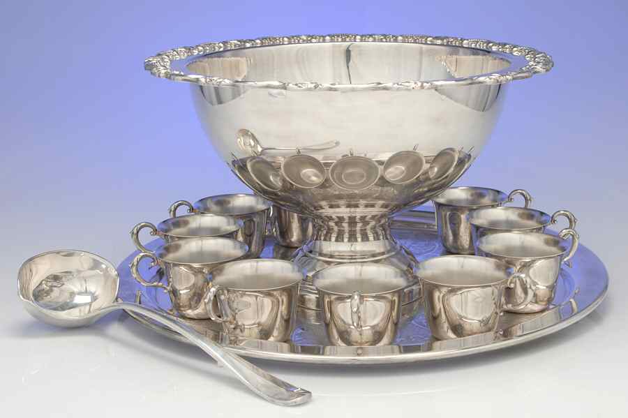 Du Maurier (Silverplate, Hollowware) Punch Set-Bowl, 10 Cups, Tray & Ladle by Oneida Silver-1