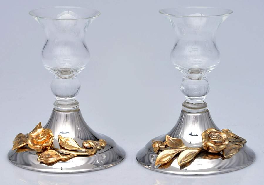 Golden Damask Rose (Stainless, Gold Accent, Hl Pair of 4" Stainless & Crystal Candlesticks by Oneida Silver-1