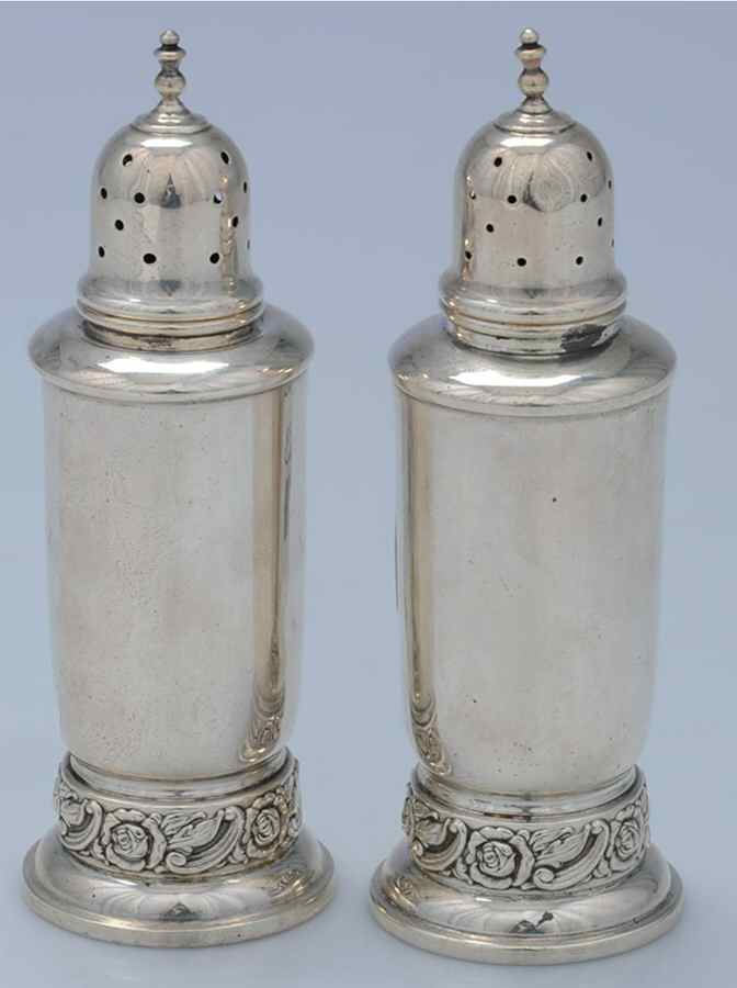 Silver Rose (Sterling, 1956, Hollowware) Salt and Pepper Set by Oneida Silver-1