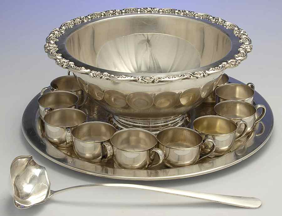Countess (Silverplate, Hollowware) Punch Set (Bowl,Tray,Ladle & 12 Cups) by Oneida Silver-1