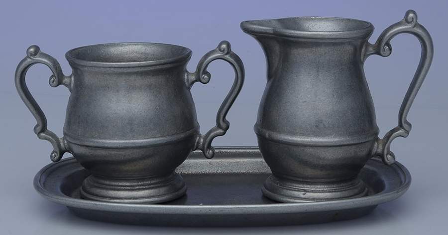 Cambridge Colonial-Pewter Hollowware Smooth Creamer, Open Sugar & Tray Set by Oneida Silver-1