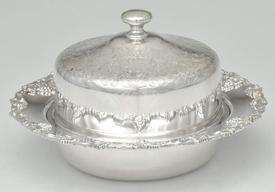 Old English Reproduction (Silverplate, Hollowware) Round Covered Butter Dish & Strainer by Oneida Silver-1