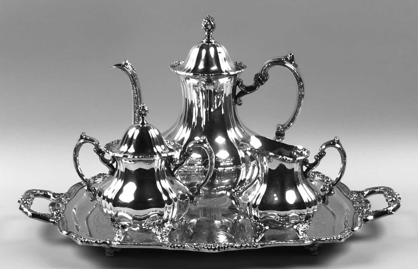 Lancaster Rose (Silverplate, Hollowware) 3-Piece Coffee Set and Tray by Poole Silver -1