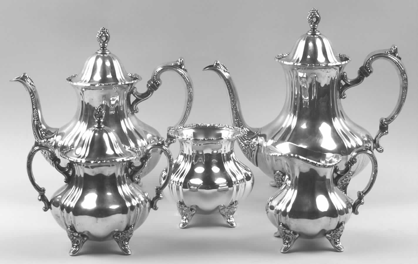 Lancaster Rose (Silverplate, Hollowware) 5-Piece Plated Tea Set (with Waste) by Poole Silver -1