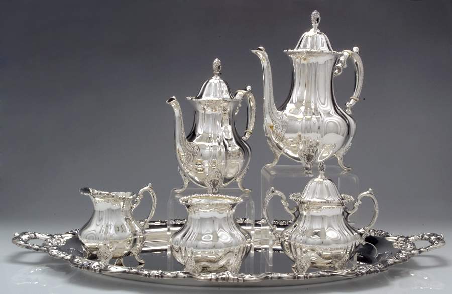 Lancaster Rose (Sterling, Hollowware) 6 Piece Tea Set (SCP, STP, SCR, SSU, SWB, WTL) by Poole Silver -1