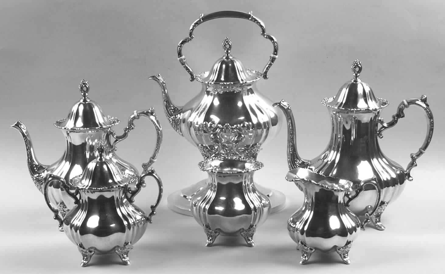 Lancaster Rose (Sterling, Hollowware) 6 Piece Tea Set (SCP, STP, SCR, SSU, SWB, SKES) by Poole Silver -1