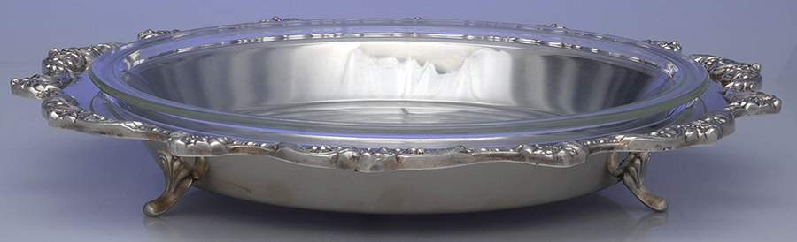 Old English (Silverplate, Hollowware) 13" Round Footed Pie Tray & Glass Liner by Poole Silver -1