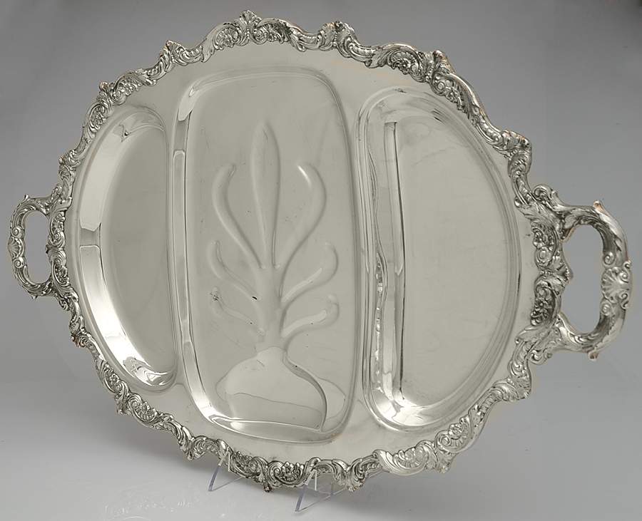 Old English (Silverplate, Hollowware) Large 3-Part Footed Meat Platter by Poole Silver -1