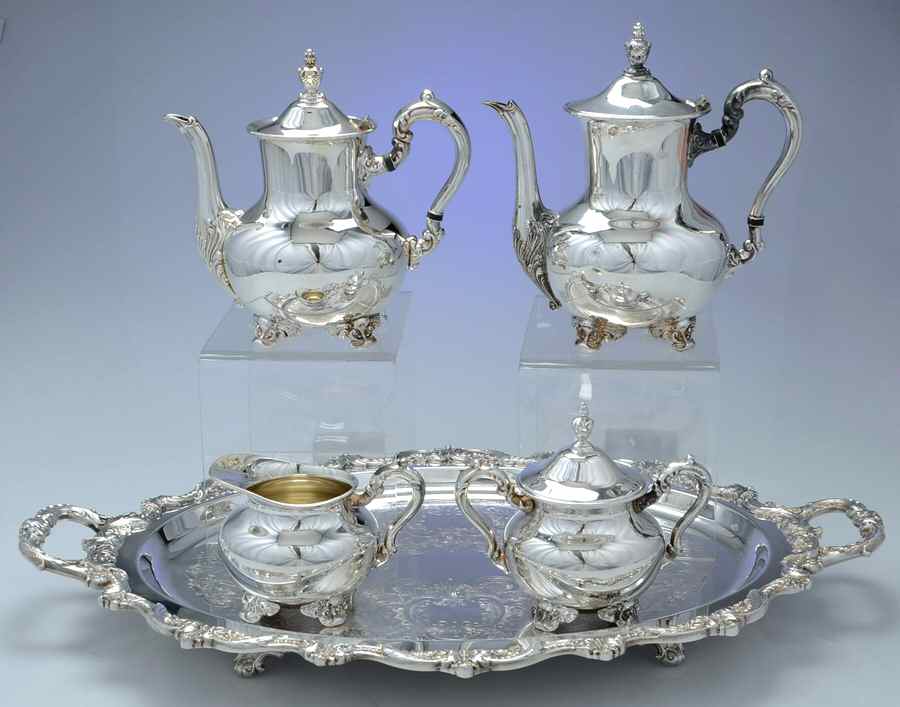 Old English (Silverplate, Hollowware) 5-Pc Silverplate Tea Set with Footed Tray by Poole Silver -1