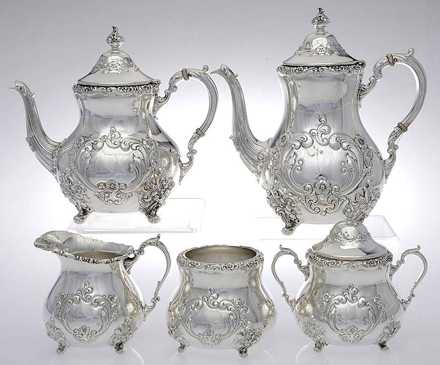 Old English (Sterling, Hollowware) 5 Piece Tea Set (SCP, STP, SCR, SSU, SWB) by Poole Silver -1