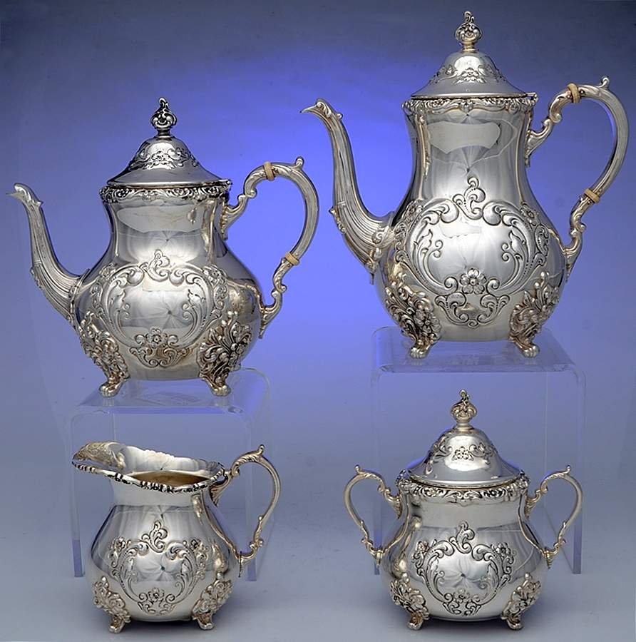 Old English (Sterling, Hollowware) 4 Piece Tea Set (SCP, STP, SCR, SSU) by Poole Silver -1