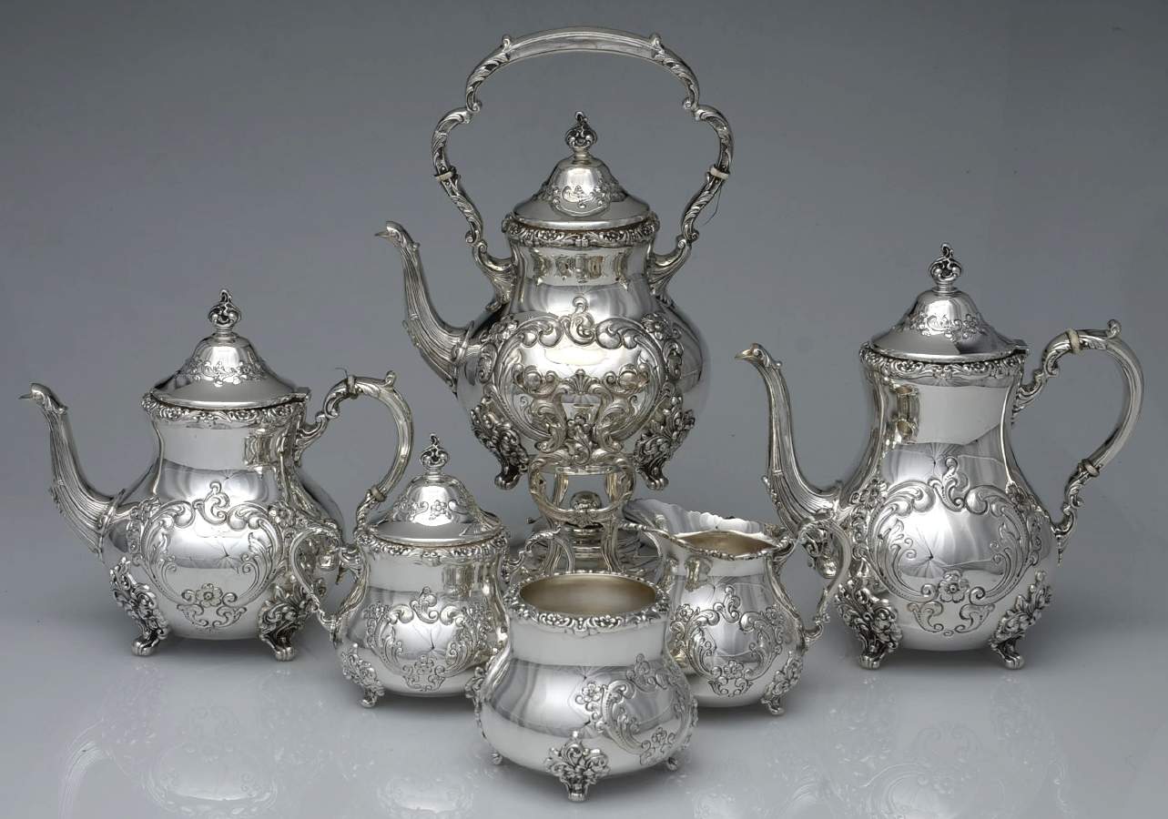 Old English (Sterling, Hollowware) 6 Piece Tea Set (SCP, STP, SCR, SSU, SWB, SKES) by Poole Silver -1