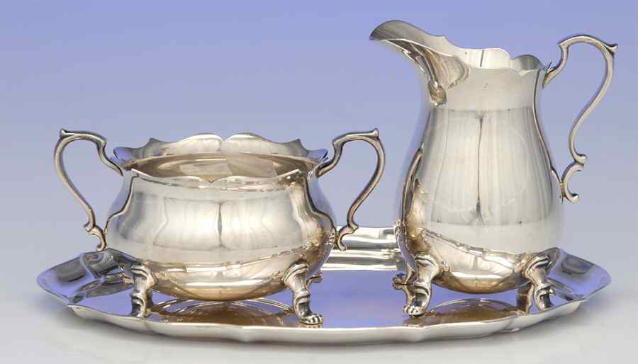 717 (Sterling, Hollowware) Creamer, Open Sugar & Tray Set by Preisner-1