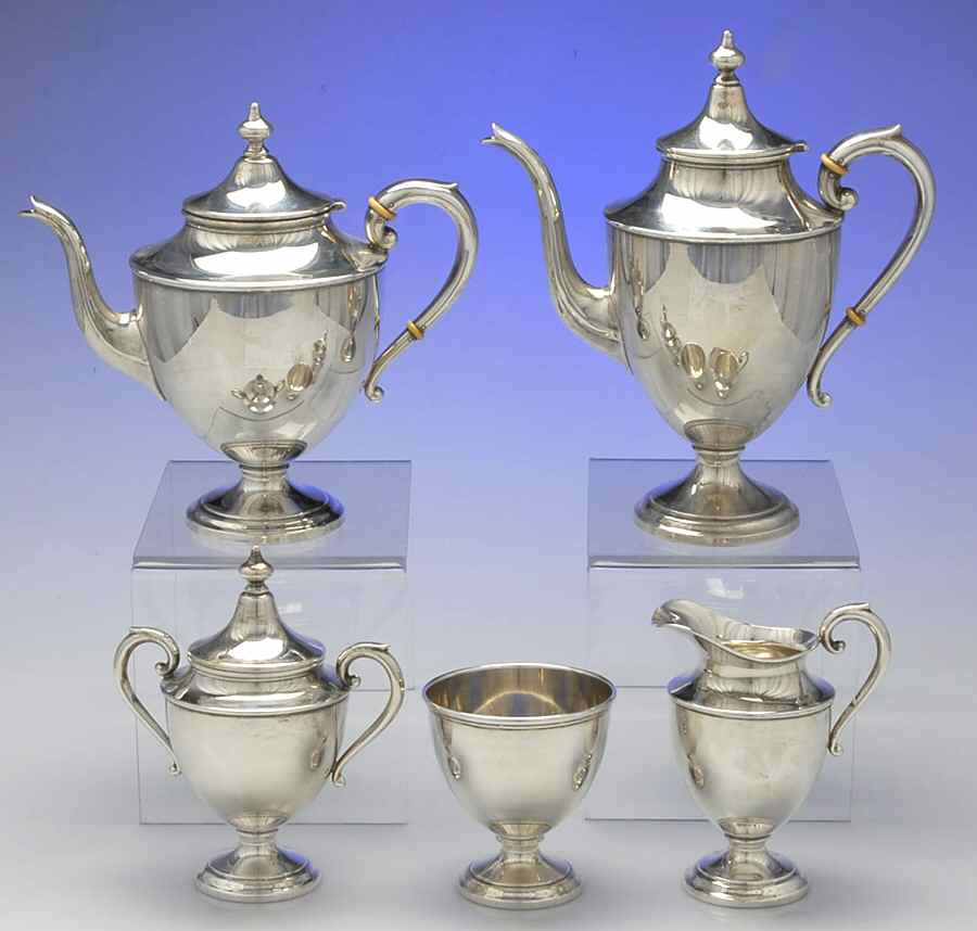 750 (Sterling, Hollowware) 5 Piece Tea Set (SCP, STP, SCR, SSU, SWB) by Preisner-1