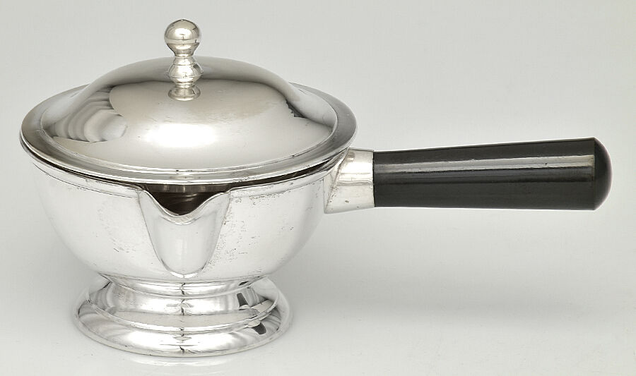 Silverplate Hollowware Sauce Boat with Wood Handle & Hinged Lid by Prill Silver Co. Inc-1