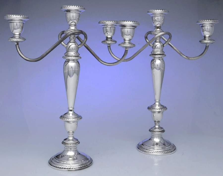 754 (Sterling, Hollowware) Pair of Weighted 3 Light Candelabra by Poole Silver -1